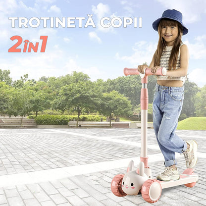 Trotineta pentru copii cu șezut, transformabilă 2 în 1, roți luminoase LED, 3-12 ani, până la 100 kg, ghidon cu înclinare, suprafață antiderapantă, Roz