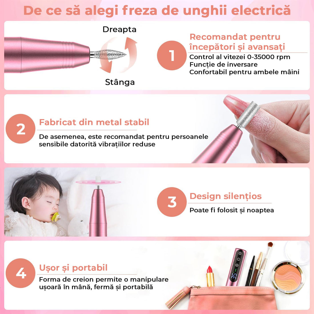 Freza Unghii Profesională, Pila Electrică pentru Manichiură-Pedichiură, 35.000 RPM, 11 Capete, 6 Benzi Abrasive, Viteză și Direcție Reglabilă, Design Ergonomic, Roz
