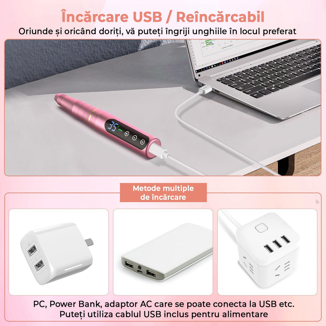 Freza Unghii Profesională, Pila Electrică pentru Manichiură-Pedichiură, 35.000 RPM, 11 Capete, 6 Benzi Abrasive, Viteză și Direcție Reglabilă, Design Ergonomic, Roz