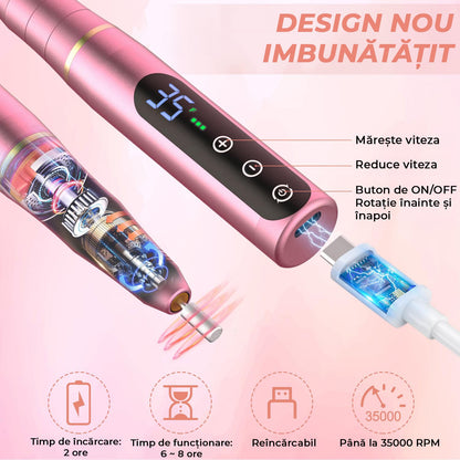 Freza Unghii Profesională, Pila Electrică pentru Manichiură-Pedichiură, 35.000 RPM, 11 Capete, 6 Benzi Abrasive, Viteză și Direcție Reglabilă, Design Ergonomic, Roz