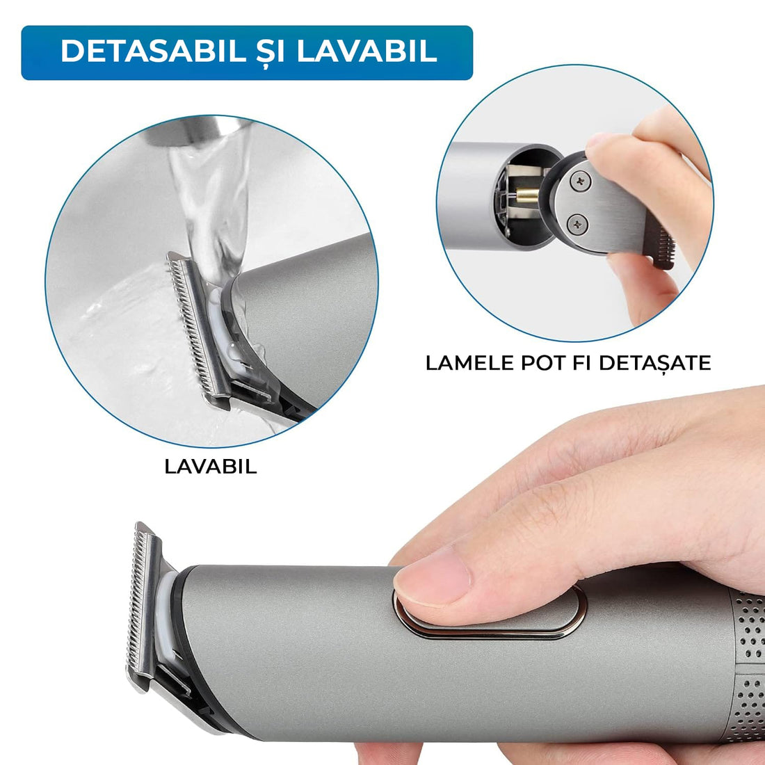 Masina de Tuns/Ras, Barba si Corp, Inghinal, Rezistent la Apa, Wireless, 1200mAh, cu Statie de Incarcare, Incarcare USB, Usor si Portabil, Gri