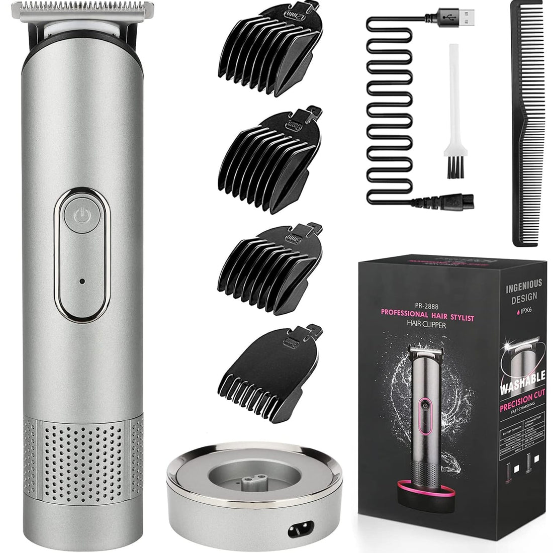 Masina de Tuns/Ras, Barba si Corp, Inghinal, Rezistent la Apa, Wireless, 1200mAh, cu Statie de Incarcare, Incarcare USB, Usor si Portabil, Gri