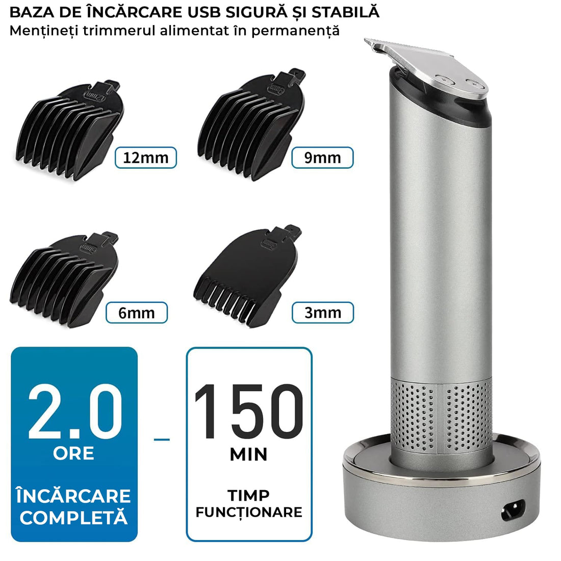 Masina de Tuns/Ras, Barba si Corp, Inghinal, Rezistent la Apa, Wireless, 1200mAh, cu Statie de Incarcare, Incarcare USB, Usor si Portabil, Gri