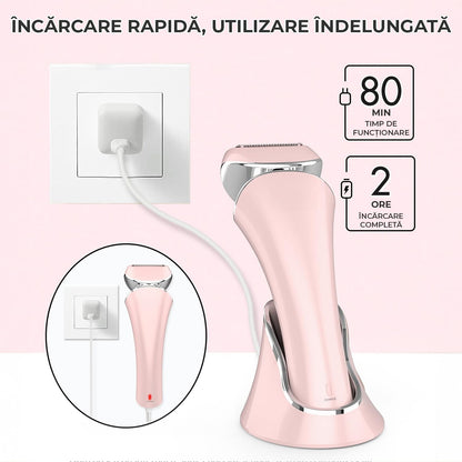 Epilator umed și uscat, 3 tipuri de lame detașabile, IPX 6, Reincarcabil USB, Statie de Incarcare, 900mAh, Roz