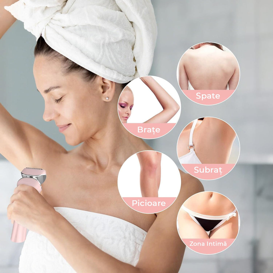 Epilator umed și uscat, 3 tipuri de lame detașabile, IPX 6, Reincarcabil USB, Statie de Incarcare, 900mAh, Roz