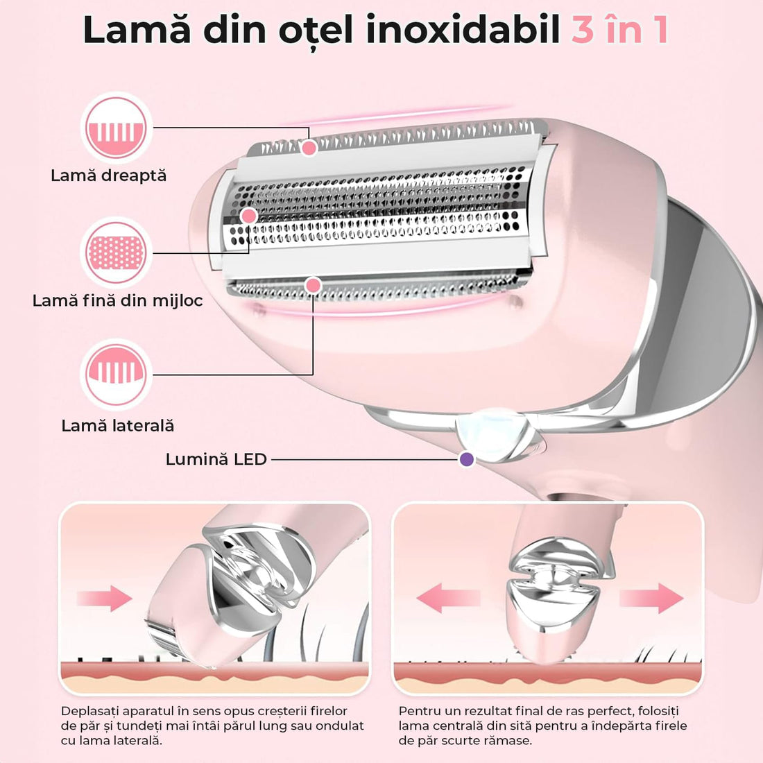 Epilator umed și uscat, 3 tipuri de lame detașabile, IPX 6, Reincarcabil USB, Statie de Incarcare, 900mAh, Roz