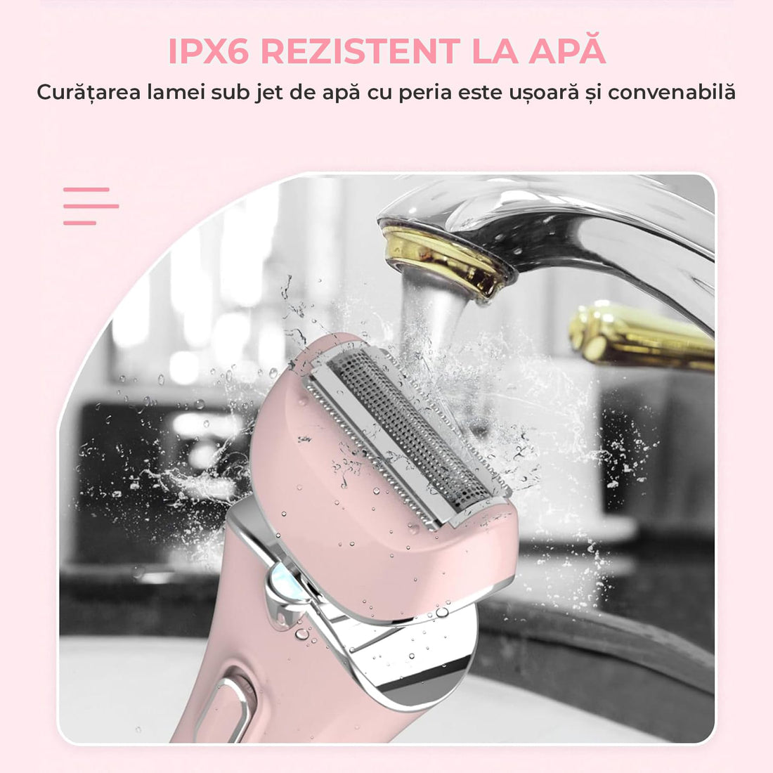 Epilator umed și uscat, 3 tipuri de lame detașabile, IPX 6, Reincarcabil USB, Statie de Incarcare, 900mAh, Roz