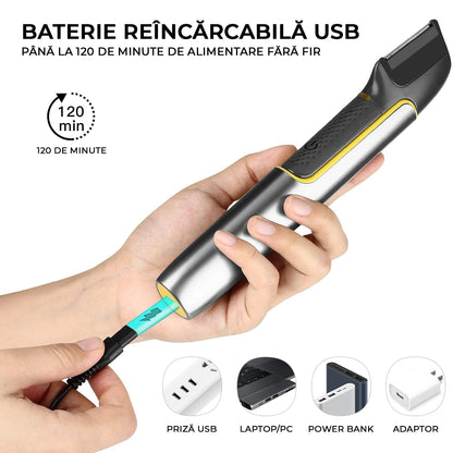 Trimmer Corporal Barbati Elindor® Cu Brat Extensibil, Reincarcabil, Wireless, Lavabil, Gri