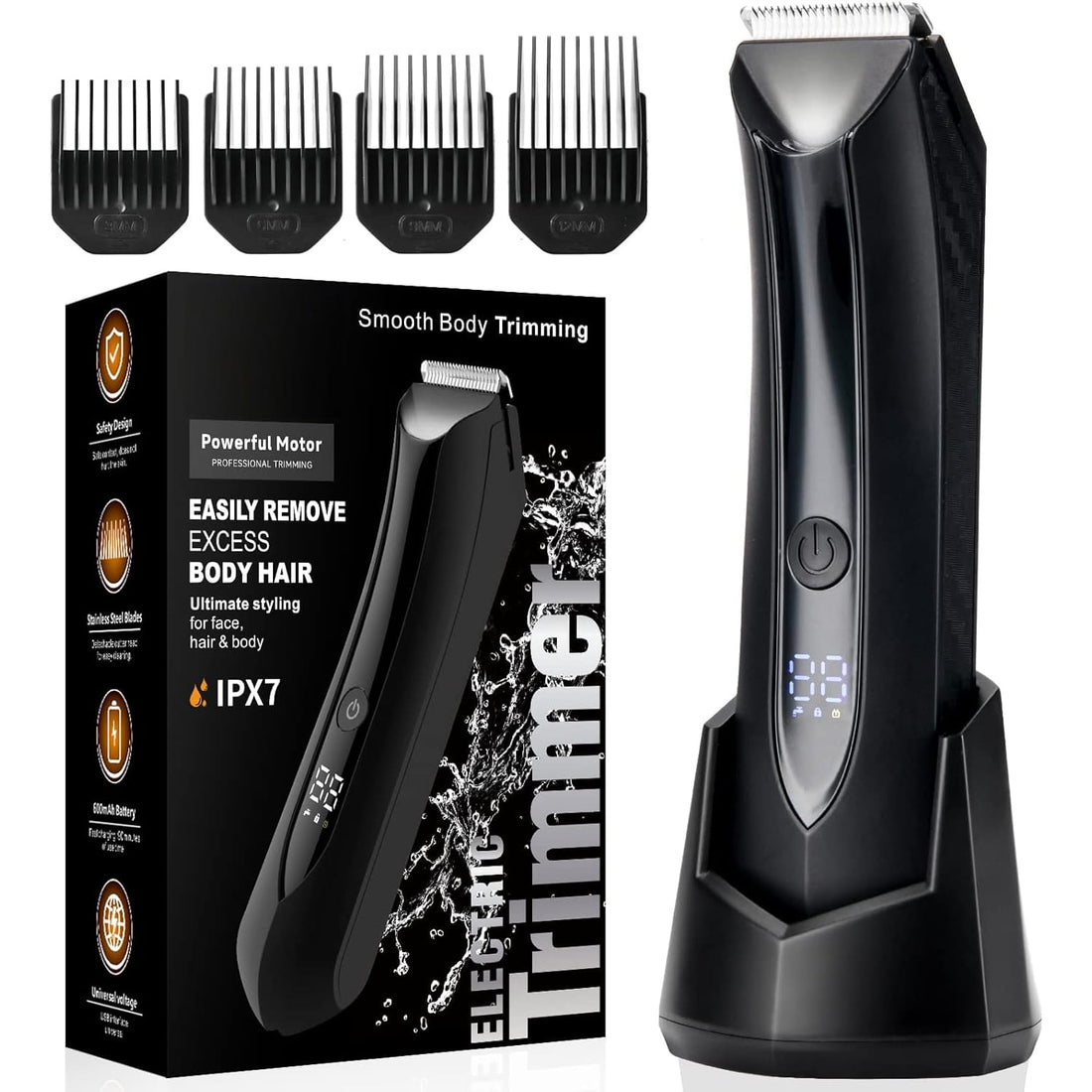 Mașină de Tuns/Ras pentru Barbă și Corp, Rezistentă la Apă, Lamă Ceramica, LED, Ecran LCD, Wireless, cu Stație de Încărcare USB, 4 Capete, Negru