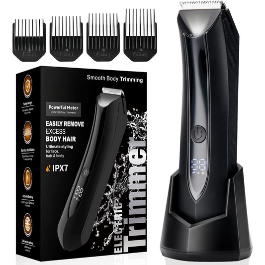 Mașină de Tuns/Ras pentru Barbă și Corp, Rezistentă la Apă, Lamă Ceramica, LED, Ecran LCD, Wireless, cu Stație de Încărcare USB, 4 Capete, Negru