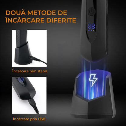 Mașină de Tuns/Ras pentru Barbă și Corp, Rezistentă la Apă, Lamă Ceramica, LED, Ecran LCD, Wireless, cu Stație de Încărcare USB, 4 Capete, Negru