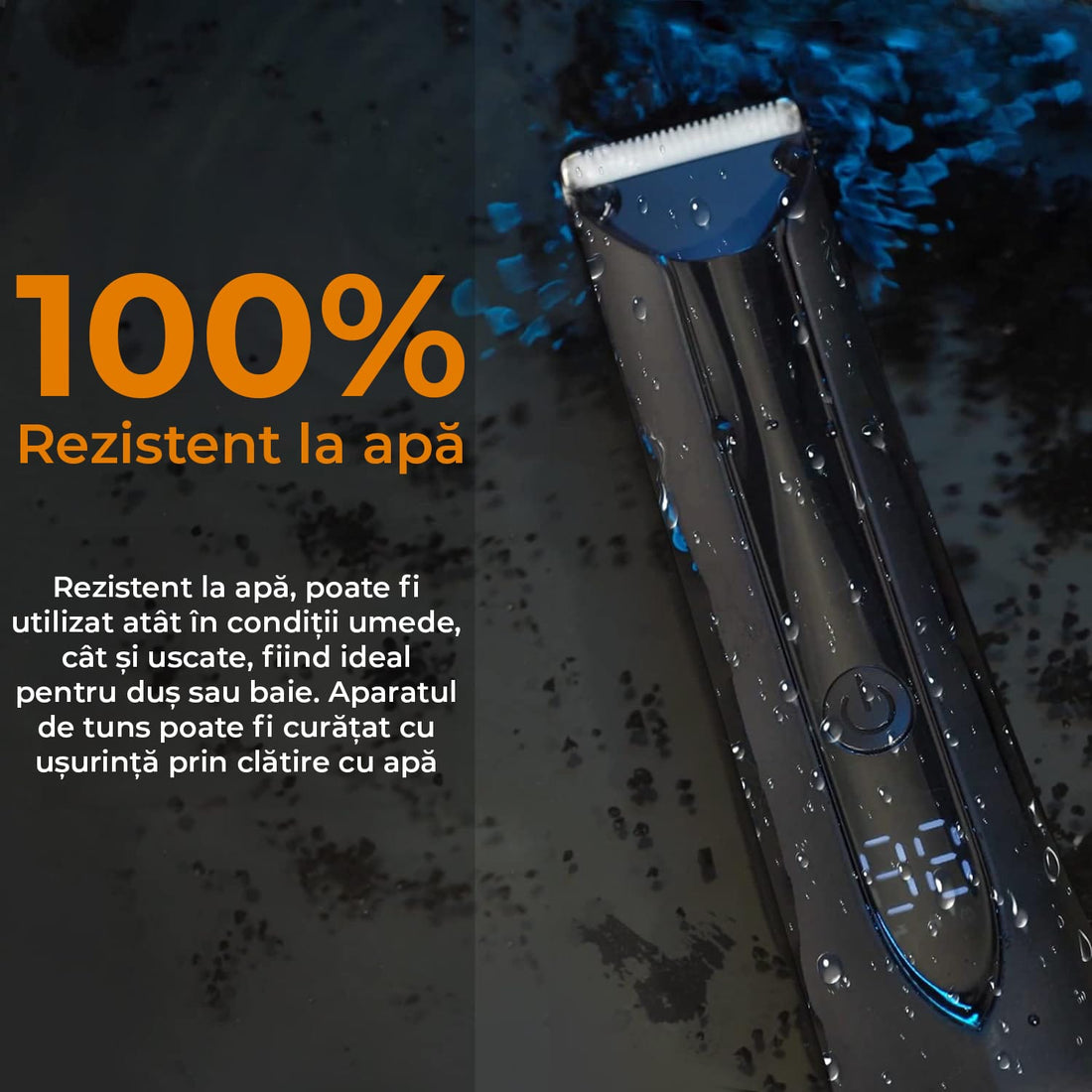 Mașină de Tuns/Ras pentru Barbă și Corp, Rezistentă la Apă, Lamă Ceramica, LED, Ecran LCD, Wireless, cu Stație de Încărcare USB, 4 Capete, Negru
