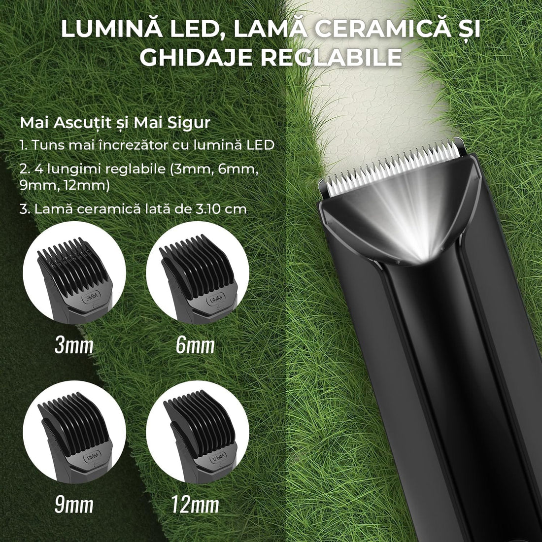 Mașină de Tuns/Ras pentru Barbă și Corp, Rezistentă la Apă, Lamă Ceramica, LED, Ecran LCD, Wireless, cu Stație de Încărcare USB, 4 Capete, Negru