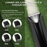 Mașină de Tuns/Ras pentru Barbă și Corp, Rezistentă la Apă, Lamă Ceramica, LED, Ecran LCD, Wireless, cu Stație de Încărcare USB, 4 Capete, Negru