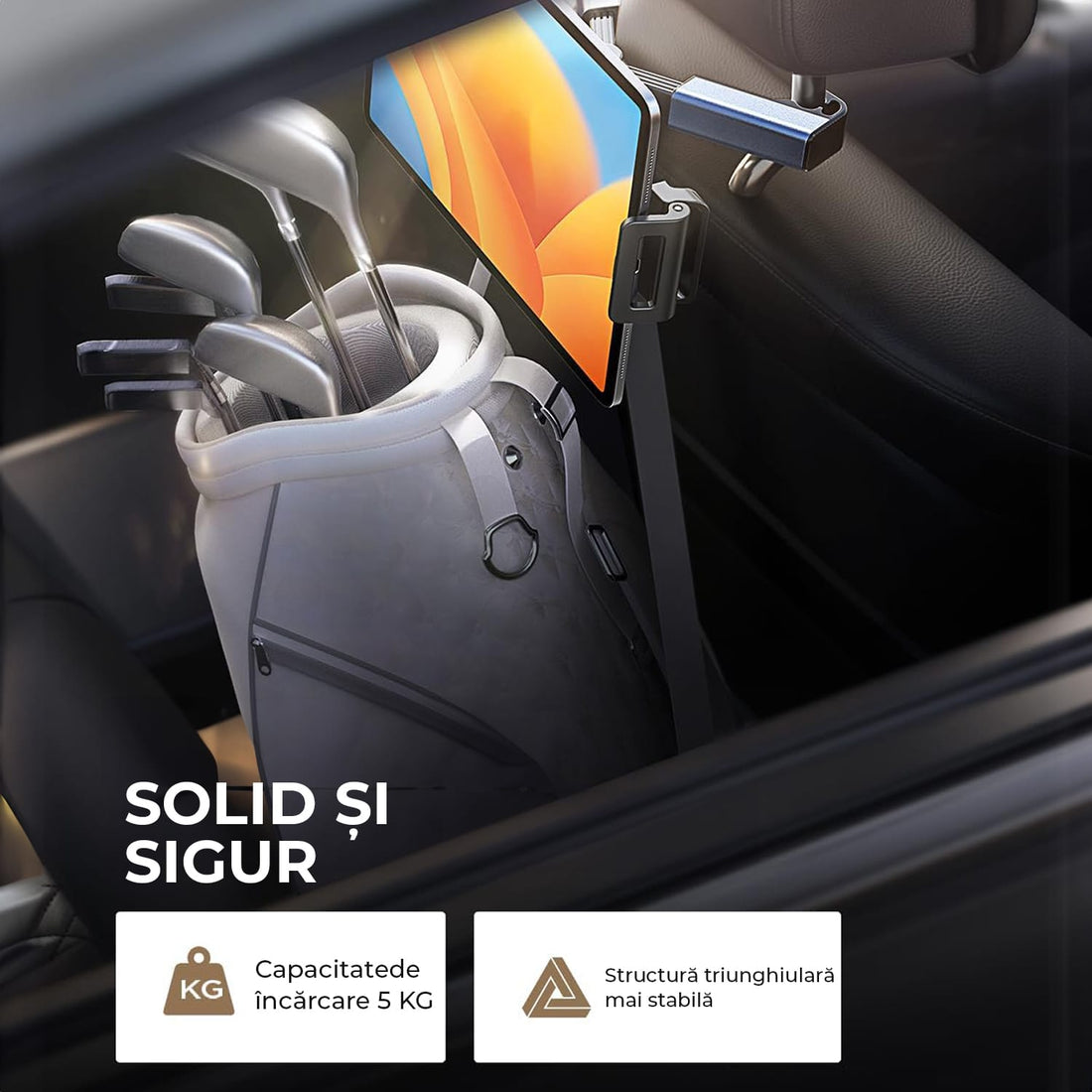 Suport Universal Auto pentru Tabletă și Telefon, Compatibil cu Dispozitive de 4,7"-13", Ajustabil 360°, Structură Triunghiulară, Negru