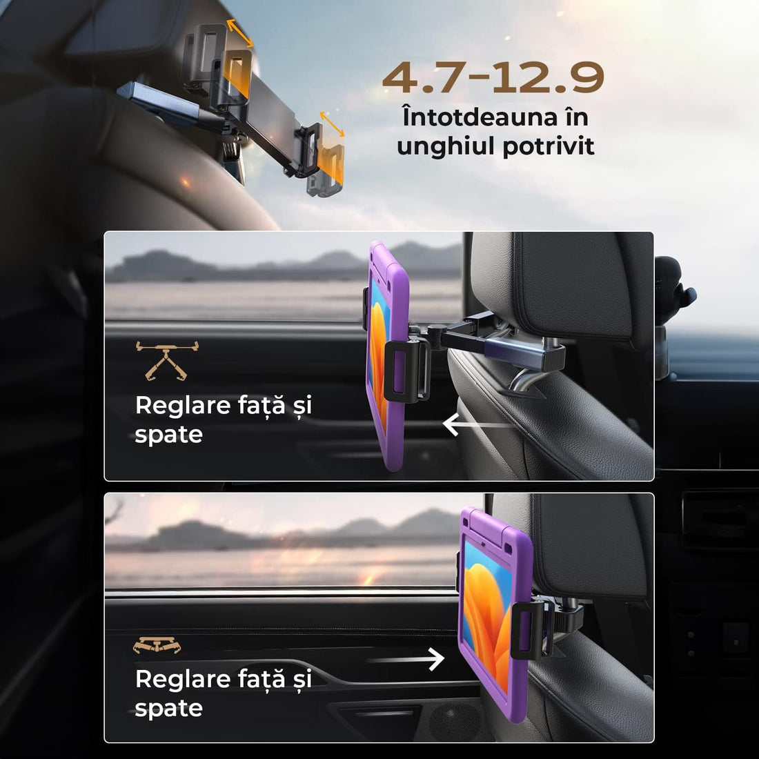 Suport Universal Auto pentru Tabletă și Telefon, Compatibil cu Dispozitive de 4,7"-13", Ajustabil 360°, Structură Triunghiulară, Negru