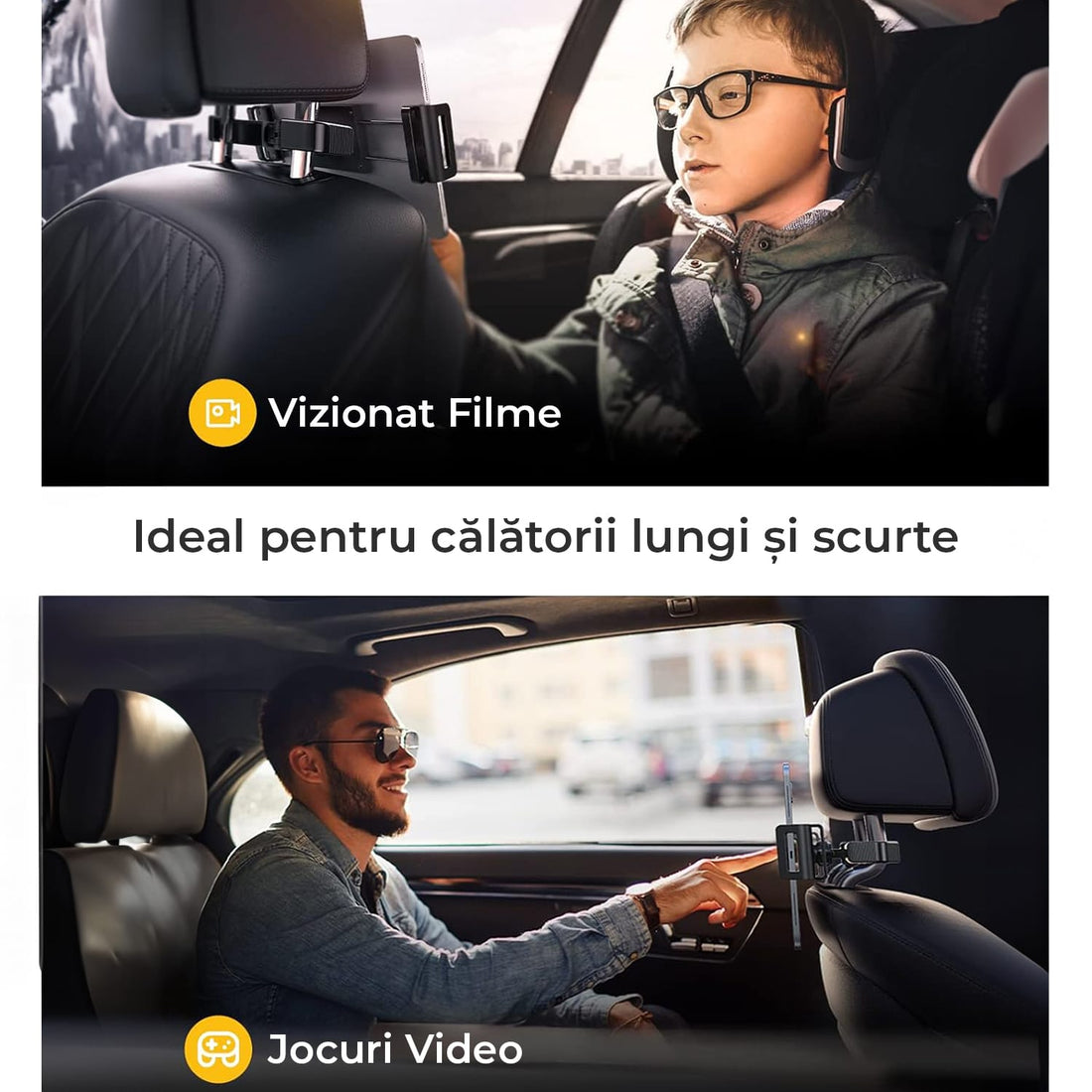 Suport Universal Auto pentru Tabletă și Telefon, Compatibil cu Dispozitive de 4,7"-13", Ajustabil 360°, Structură Triunghiulară, Negru