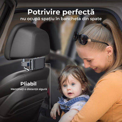 Suport Universal Auto pentru Tabletă și Telefon, Compatibil cu Dispozitive de 4,7"-13", Ajustabil 360°, Structură Triunghiulară, Negru