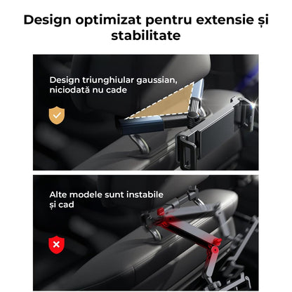 Suport Universal Auto pentru Tabletă și Telefon, Compatibil cu Dispozitive de 4,7"-13", Ajustabil 360°, Structură Triunghiulară, Negru