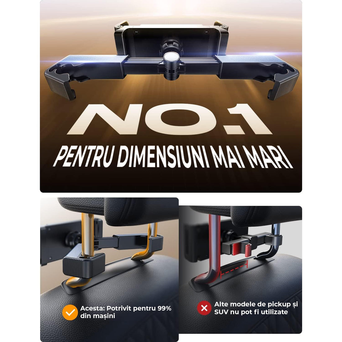 Suport Universal Auto pentru Tabletă și Telefon, Compatibil cu Dispozitive de 4,7"-13", Ajustabil 360°, Structură Triunghiulară, Negru