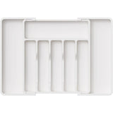 Organizator pentru Tacamuri și Ustensile de Bucătărie, 8 Compartimente, Sertar Extensibil 33-57 cm, Suport Ajustabil pentru Cuțite, Alb