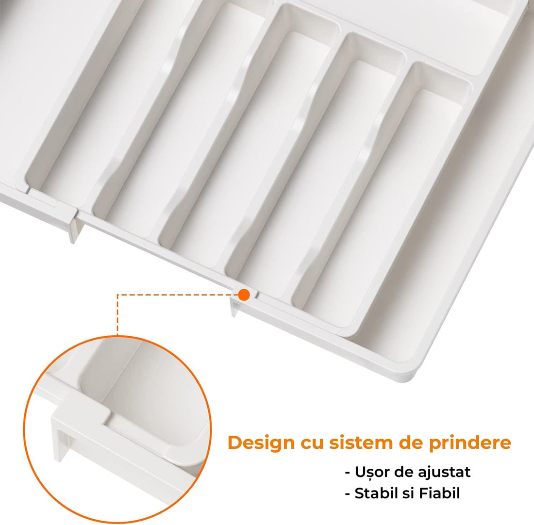 Organizator pentru Tacamuri și Ustensile de Bucătărie, 8 Compartimente, Sertar Extensibil 33-57 cm, Suport Ajustabil pentru Cuțite, Alb