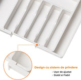 Organizator pentru Tacamuri și Ustensile de Bucătărie, 8 Compartimente, Sertar Extensibil 33-57 cm, Suport Ajustabil pentru Cuțite, Alb