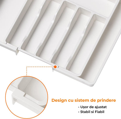 Organizator pentru Tacamuri și Ustensile de Bucătărie, 8 Compartimente, Sertar Extensibil 33-57 cm, Suport Ajustabil pentru Cuțite, Alb