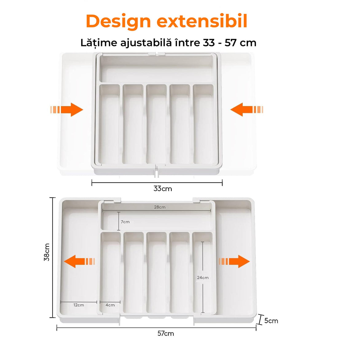 Organizator pentru Tacamuri și Ustensile de Bucătărie, 8 Compartimente, Sertar Extensibil 33-57 cm, Suport Ajustabil pentru Cuțite, Alb