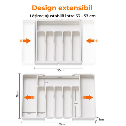 Organizator pentru Tacamuri și Ustensile de Bucătărie, 8 Compartimente, Sertar Extensibil 33-57 cm, Suport Ajustabil pentru Cuțite, Alb