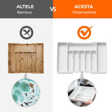 Organizator pentru Tacamuri și Ustensile de Bucătărie, 8 Compartimente, Sertar Extensibil 33-57 cm, Suport Ajustabil pentru Cuțite, Alb