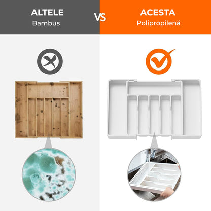 Organizator pentru Tacamuri și Ustensile de Bucătărie, 8 Compartimente, Sertar Extensibil 33-57 cm, Suport Ajustabil pentru Cuțite, Alb
