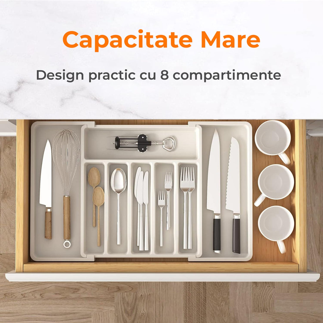 Organizator pentru Tacamuri și Ustensile de Bucătărie, 8 Compartimente, Sertar Extensibil 33-57 cm, Suport Ajustabil pentru Cuțite, Alb