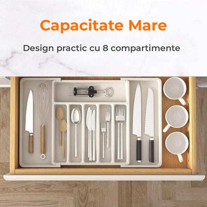 Organizator pentru Tacamuri și Ustensile de Bucătărie, 8 Compartimente, Sertar Extensibil 33-57 cm, Suport Ajustabil pentru Cuțite, Alb