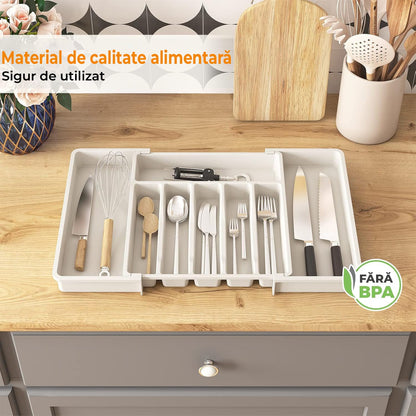 Organizator pentru Tacamuri și Ustensile de Bucătărie, 8 Compartimente, Sertar Extensibil 33-57 cm, Suport Ajustabil pentru Cuțite, Alb