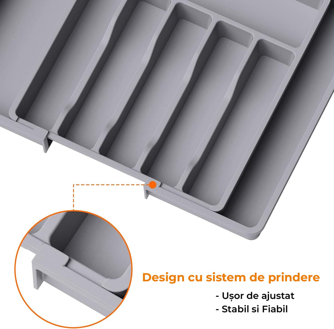 Organizator pentru Tacamuri și Ustensile de Bucătărie, 8 Compartimente, Sertar Extensibil 33-57 cm, Suport Ajustabil pentru Cuțite, Gri