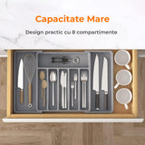 Organizator pentru Tacamuri și Ustensile de Bucătărie, 8 Compartimente, Sertar Extensibil 33-57 cm, Suport Ajustabil pentru Cuțite, Gri
