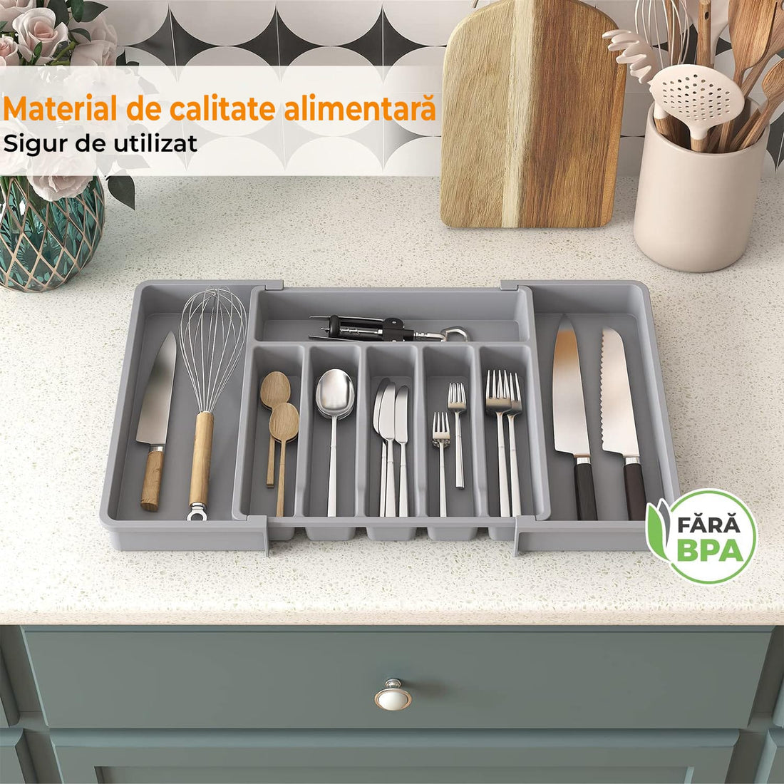 Organizator pentru Tacamuri și Ustensile de Bucătărie, 8 Compartimente, Sertar Extensibil 33-57 cm, Suport Ajustabil pentru Cuțite, Gri