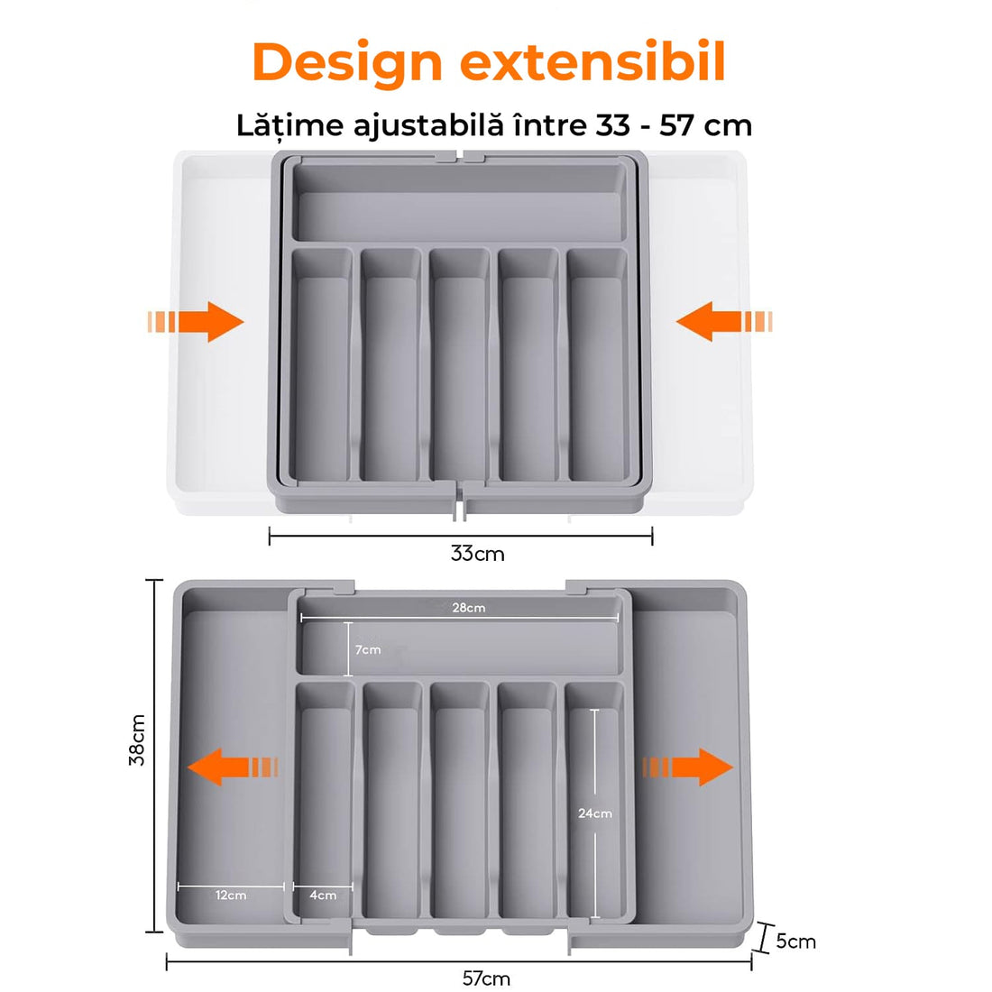 Organizator pentru Tacamuri și Ustensile de Bucătărie, 8 Compartimente, Sertar Extensibil 33-57 cm, Suport Ajustabil pentru Cuțite, Gri