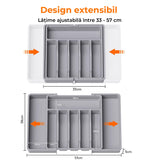 Organizator pentru Tacamuri și Ustensile de Bucătărie, 8 Compartimente, Sertar Extensibil 33-57 cm, Suport Ajustabil pentru Cuțite, Gri