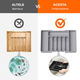 Organizator pentru Tacamuri și Ustensile de Bucătărie, 8 Compartimente, Sertar Extensibil 33-57 cm, Suport Ajustabil pentru Cuțite, Gri