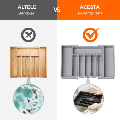 Organizator pentru Tacamuri și Ustensile de Bucătărie, 8 Compartimente, Sertar Extensibil 33-57 cm, Suport Ajustabil pentru Cuțite, Gri