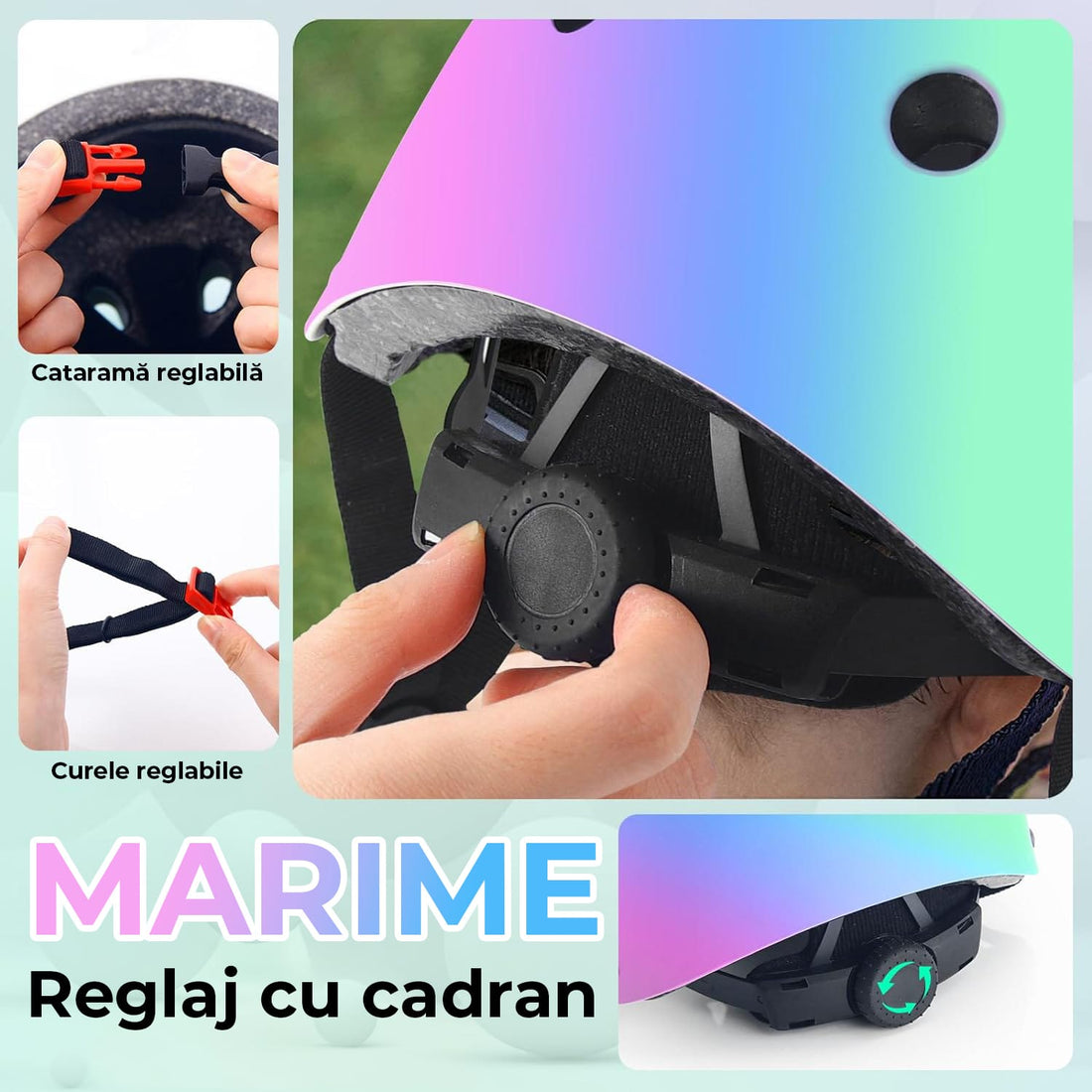 Set Protecție pentru Copii 7 în 1, Cască Reglabilă, Genunchiere, Cotiere și Apărători Încheieturi, Multicolor, 3-14 Ani, M, Roz Gradient