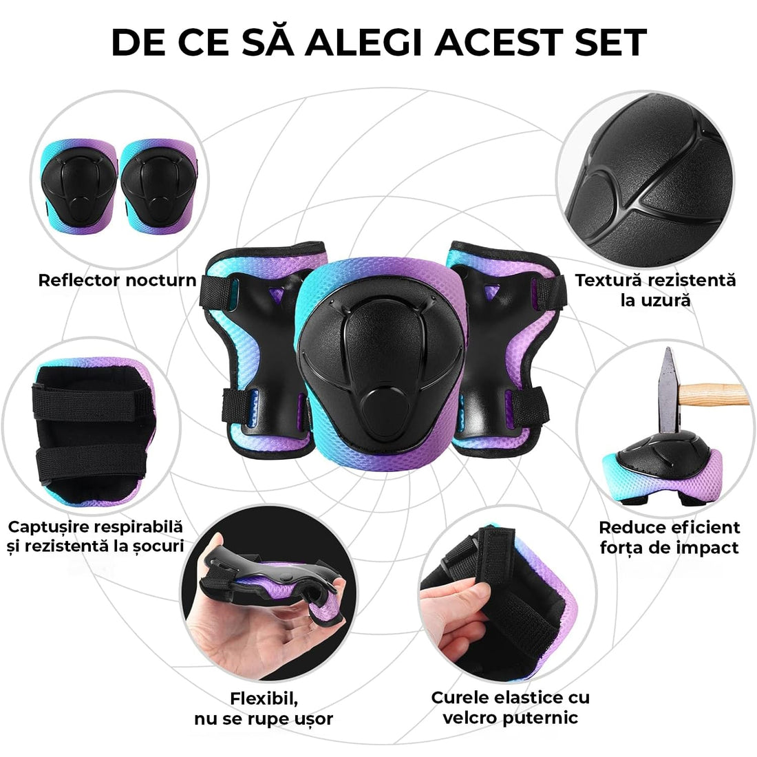 Set Protecție pentru Copii 7 în 1, Cască Reglabilă, Genunchiere, Cotiere și Apărători Încheieturi, Multicolor, 3-14 Ani, M, Roz Gradient