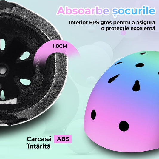 Set Protecție pentru Copii 7 în 1, Cască Reglabilă, Genunchiere, Cotiere și Apărători Încheieturi, Multicolor, 3-14 Ani, XS, Roz Gradient