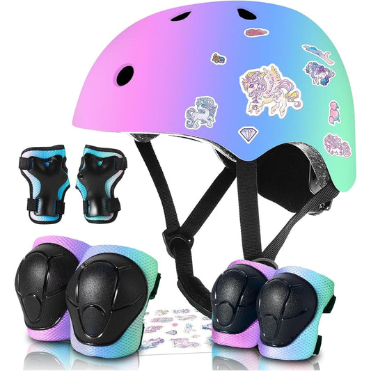 Set Protecție pentru Copii 7 în 1, Cască Reglabilă, Genunchiere, Cotiere și Apărători Încheieturi, Multicolor, 3-14 Ani, XS, Roz Gradient