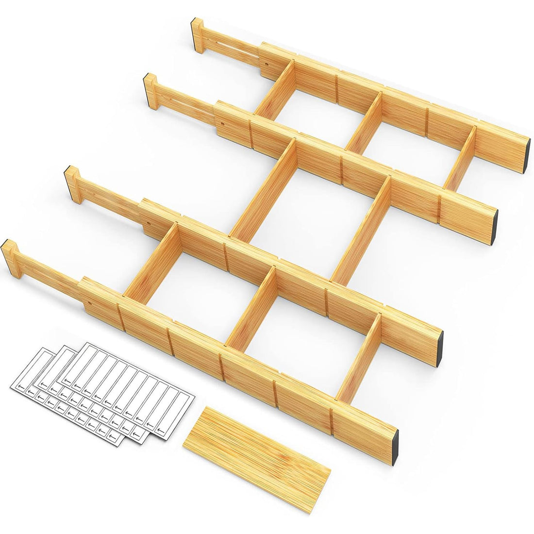 Set 4 Separatoare Extensibile Pentru Sertar, Organizator Bucatarie din Bambus, Cu Insertii si Etichete Autocolante, Lungime Extensibila si Ajustabila de la 43 cm la 56 cm