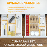 Set 4 Separatoare Extensibile Pentru Sertar, Organizator Bucatarie din Bambus, Cu Insertii si Etichete Autocolante, Lungime Extensibila si Ajustabila de la 43 cm la 56 cm