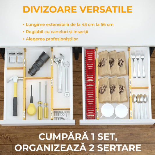 Set 4 Separatoare Extensibile Pentru Sertar, Organizator Bucatarie din Bambus, Cu Insertii si Etichete Autocolante, Lungime Extensibila si Ajustabila de la 43 cm la 56 cm