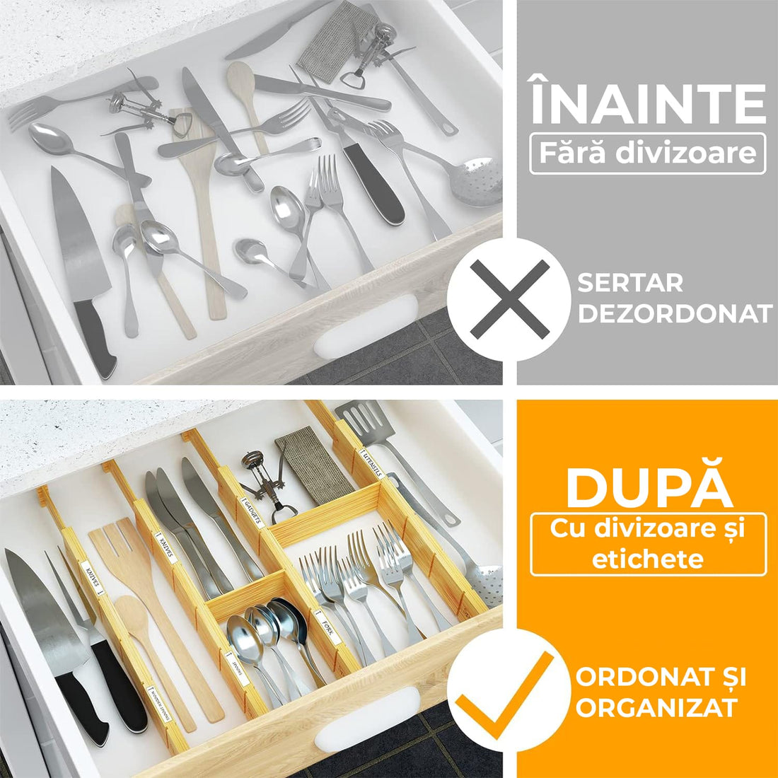 Set 4 Separatoare Extensibile Pentru Sertar, Organizator Bucatarie din Bambus, Cu Insertii si Etichete Autocolante, Lungime Extensibila si Ajustabila de la 43 cm la 56 cm